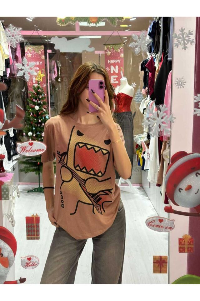 Domo Kunn Gitarlı Oversize Kısa Kollu Y2K Kahverengi Bluz