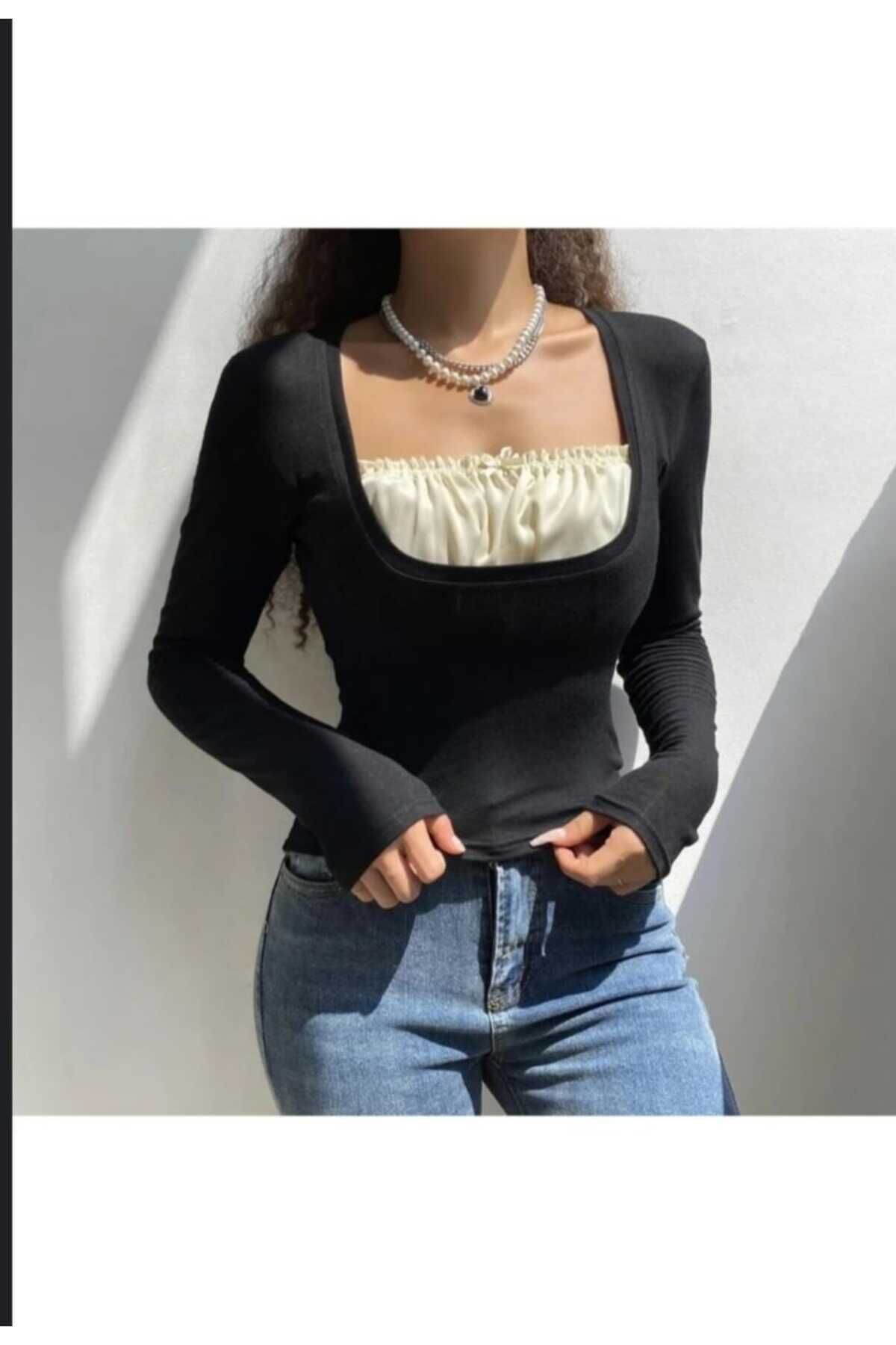Beyaz Harajuku Büzgülü Saten Yaka Detaylı Bluz Siyah - S