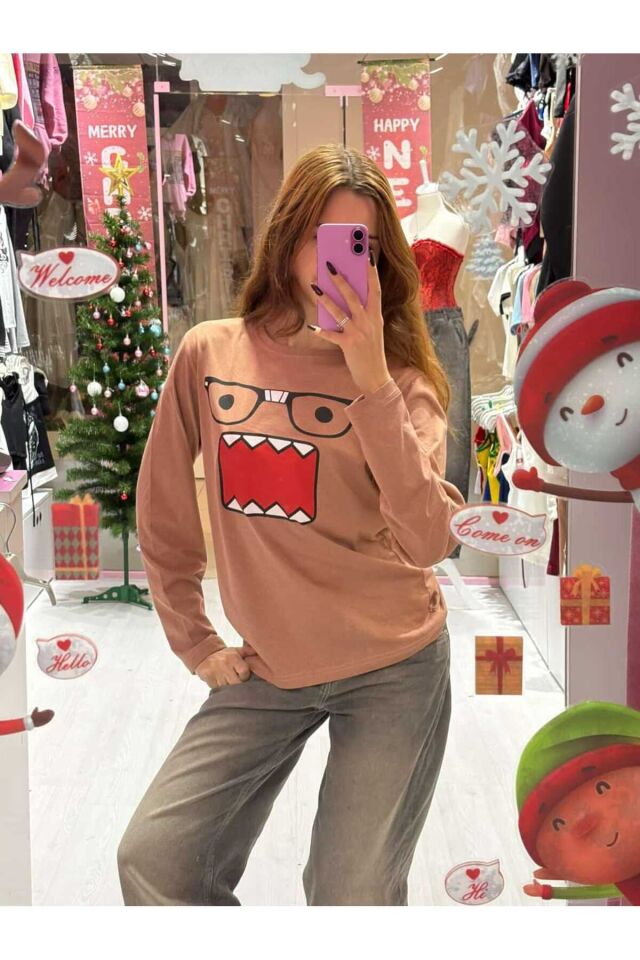 Domo Kunn Gözlüklü Oversize Uzun Kollu Y2K Kahverengi Bluz