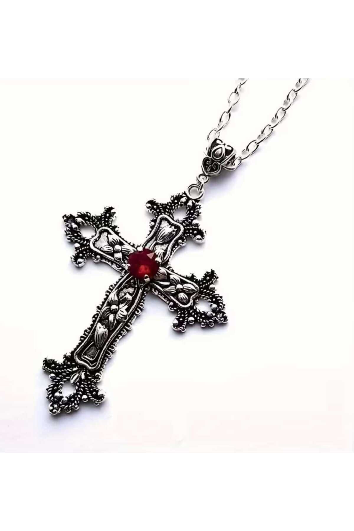 Kırmızı Kristalli Gümüş Gösterişli Haç Motifi