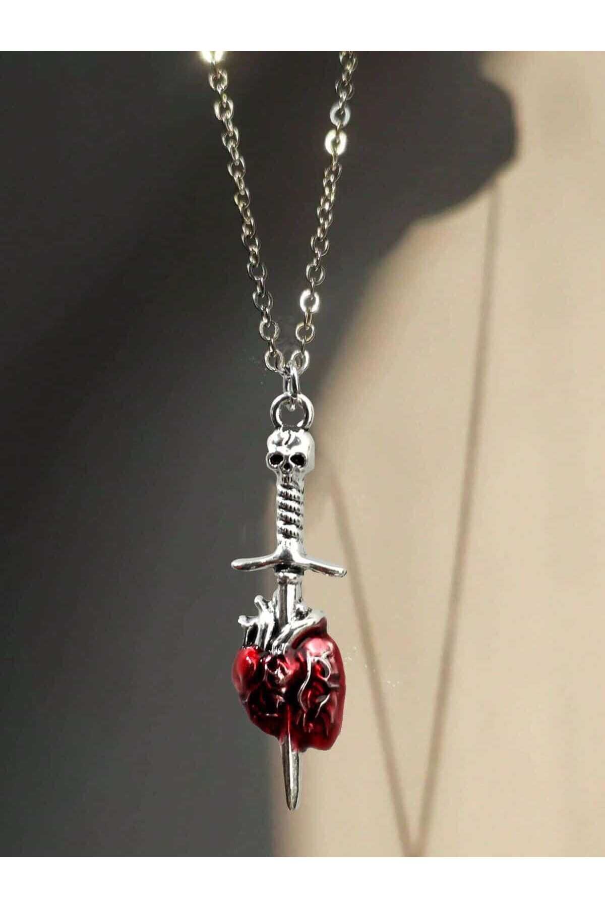 Kalp Kılıç Ve Kurukafa Antrasit Destansı Zincirli Kolye