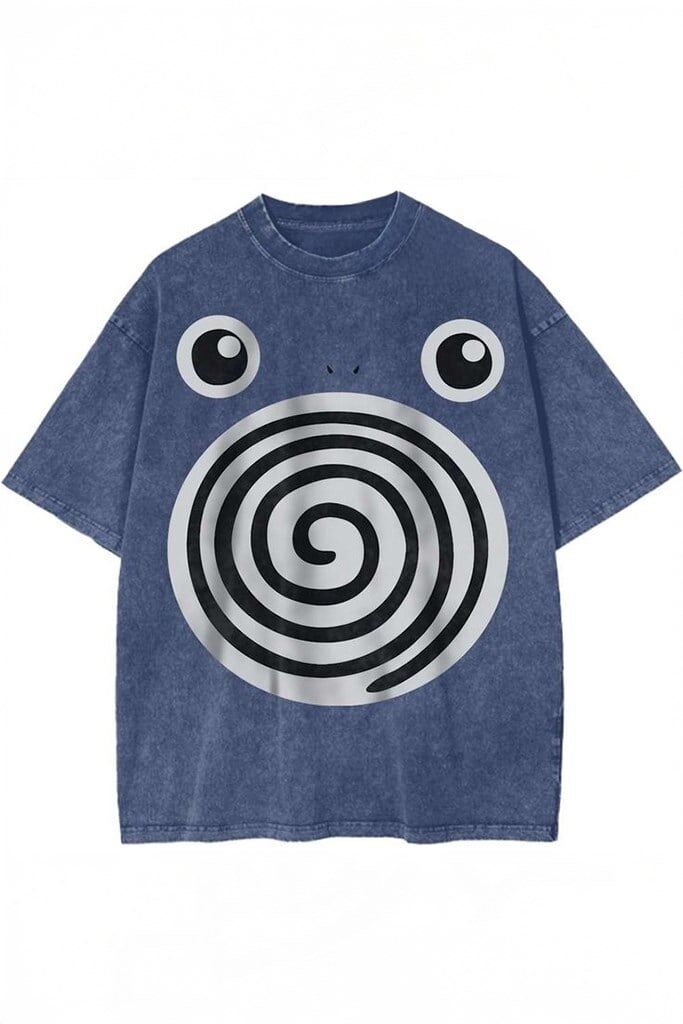 Lacivert Yıkamalı Poliwag Pokemon Baskılı Unisex T-Shirt