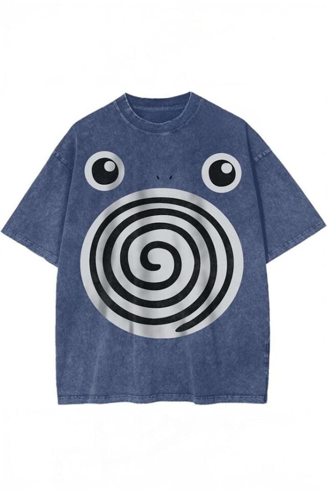 Lacivert Yıkamalı Poliwag Pokemon Baskılı Unisex T-Shirt