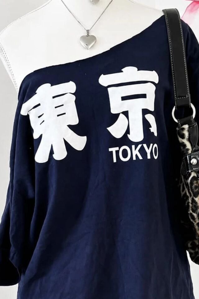 Lacivert Tokyo Y2K Kısa Kollu Off Shoulder Kayık Yaka Street Styling Bluz