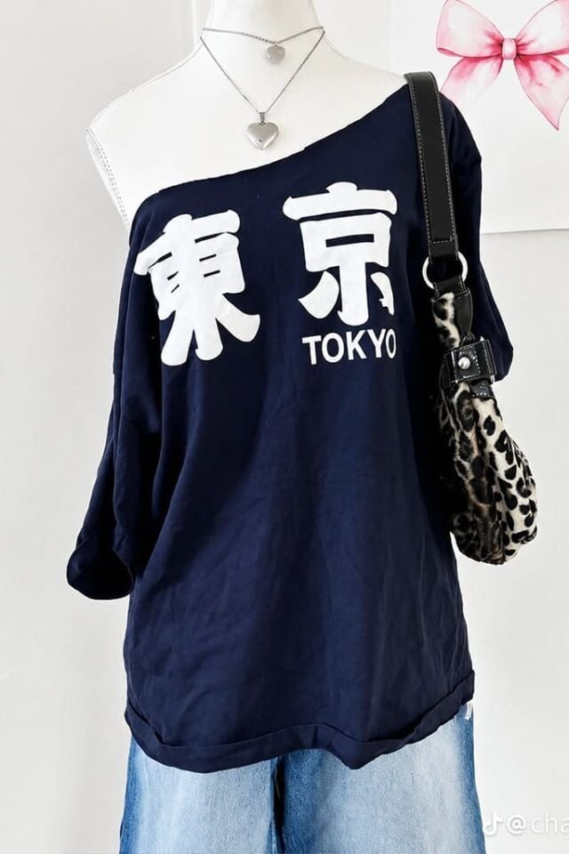 Lacivert Tokyo Y2K Kısa Kollu Off Shoulder Kayık Yaka Street Styling Bluz