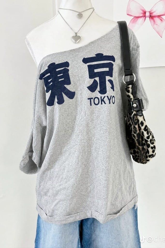 Gri Tokyo Y2K Kısa Kollu Off Shoulder Kayık Yaka Street Styling Bluz