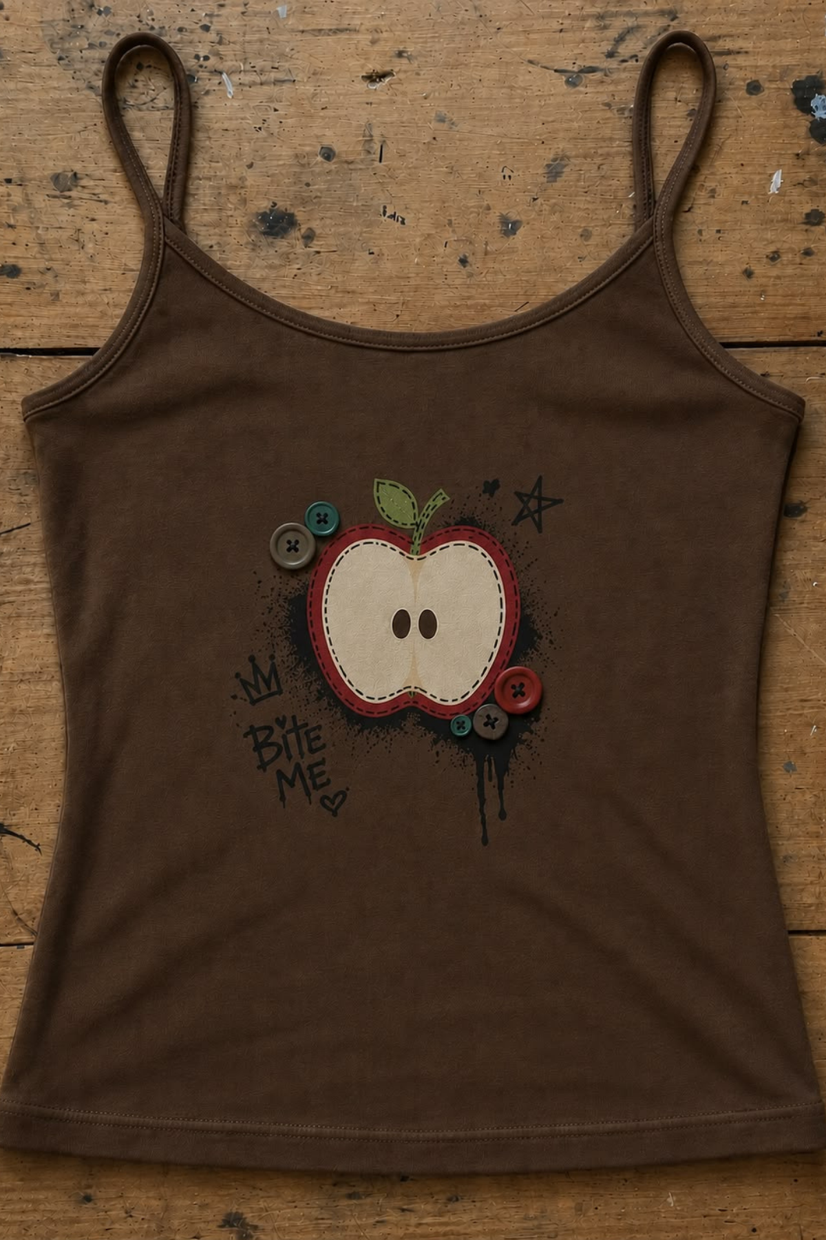 Kahverengi Apple Bite Me Street Harajuku Street Y2k Vintage Düğme Baskılı Askılı Tam Boy Bluz