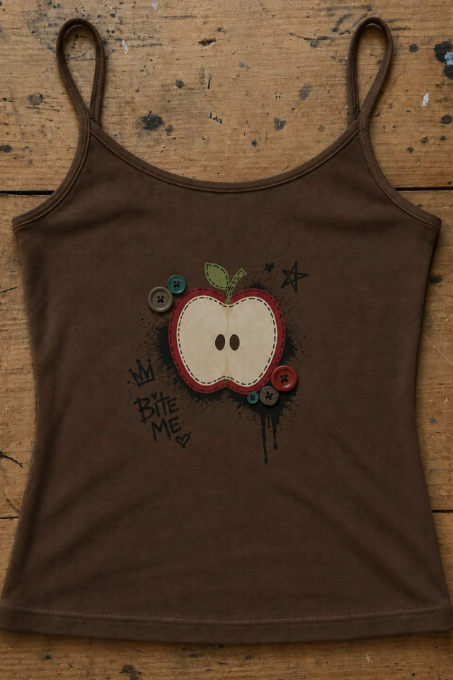 Kahverengi Apple Bite Me Street Harajuku Street Y2k Vintage Düğme Baskılı Askılı Tam Boy Bluz