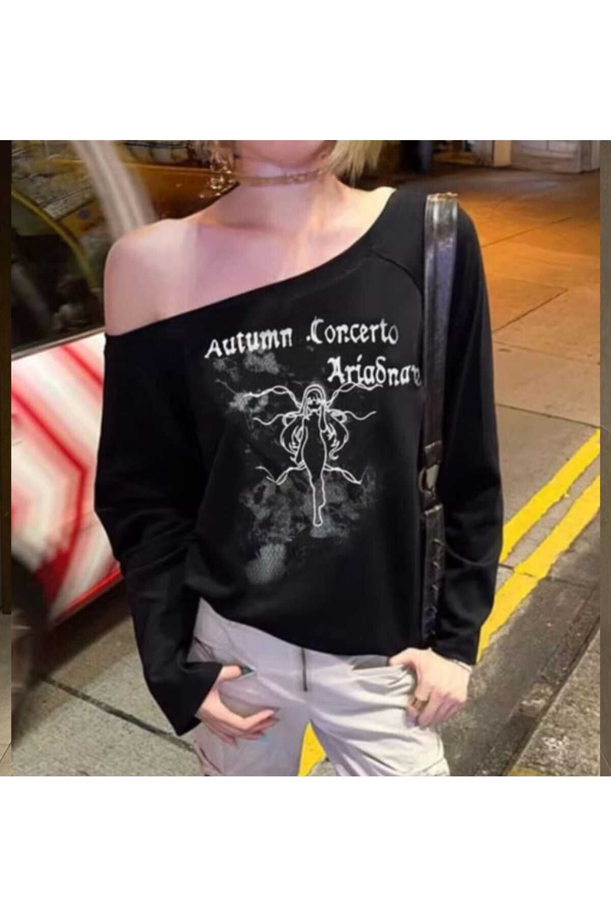 Siyah Autumun Corcerto Salaş Omuz Dekolteli Uzun Kollu