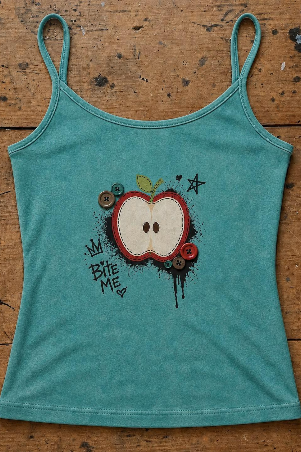 Turkuaz Apple Bite Me Street Harajuku Street Y2k Vintage Düğme Baskılı Askılı Tam Boy Bluz