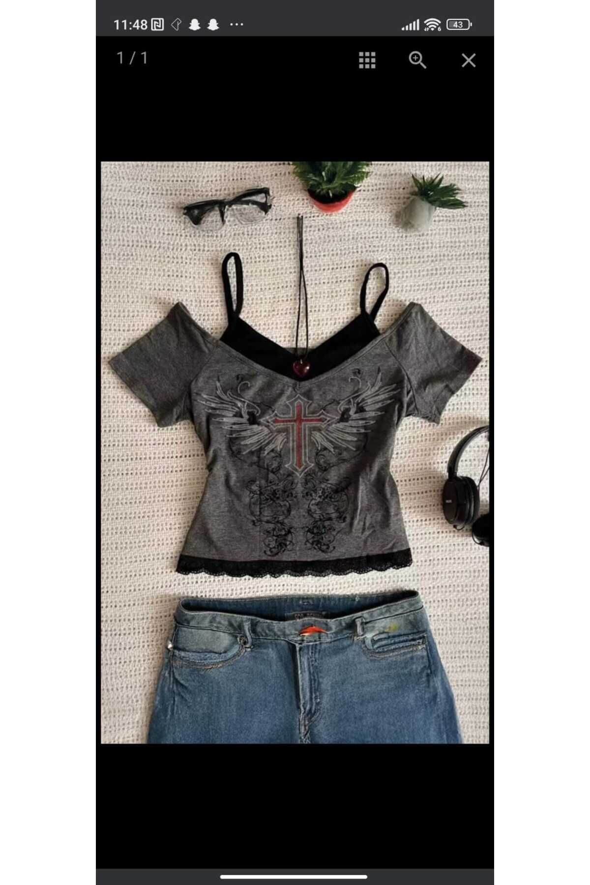 Gotik Haç Desenli Ek Askılı Tam Boy Bluz Gri - XS