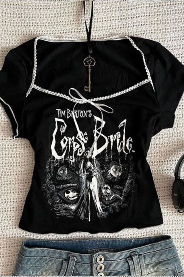 Siyah Corpse Bride Dikiş Detaylı Kurdeleli Y2K Kısa Kollu bluz