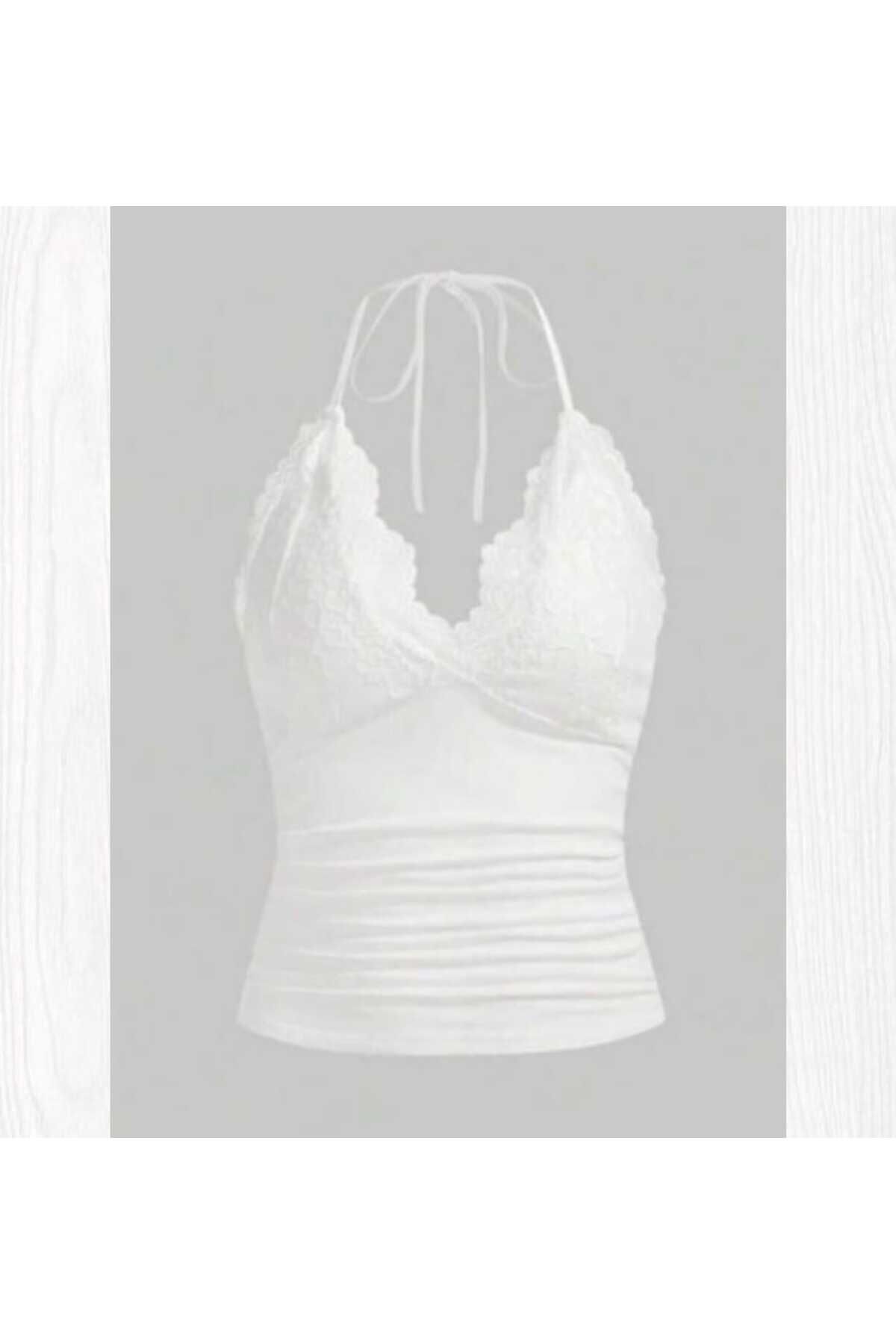 Dantel Kaplamalı Boyundan Bağlamalı İçi Astarlı Bağlamalı Bluz