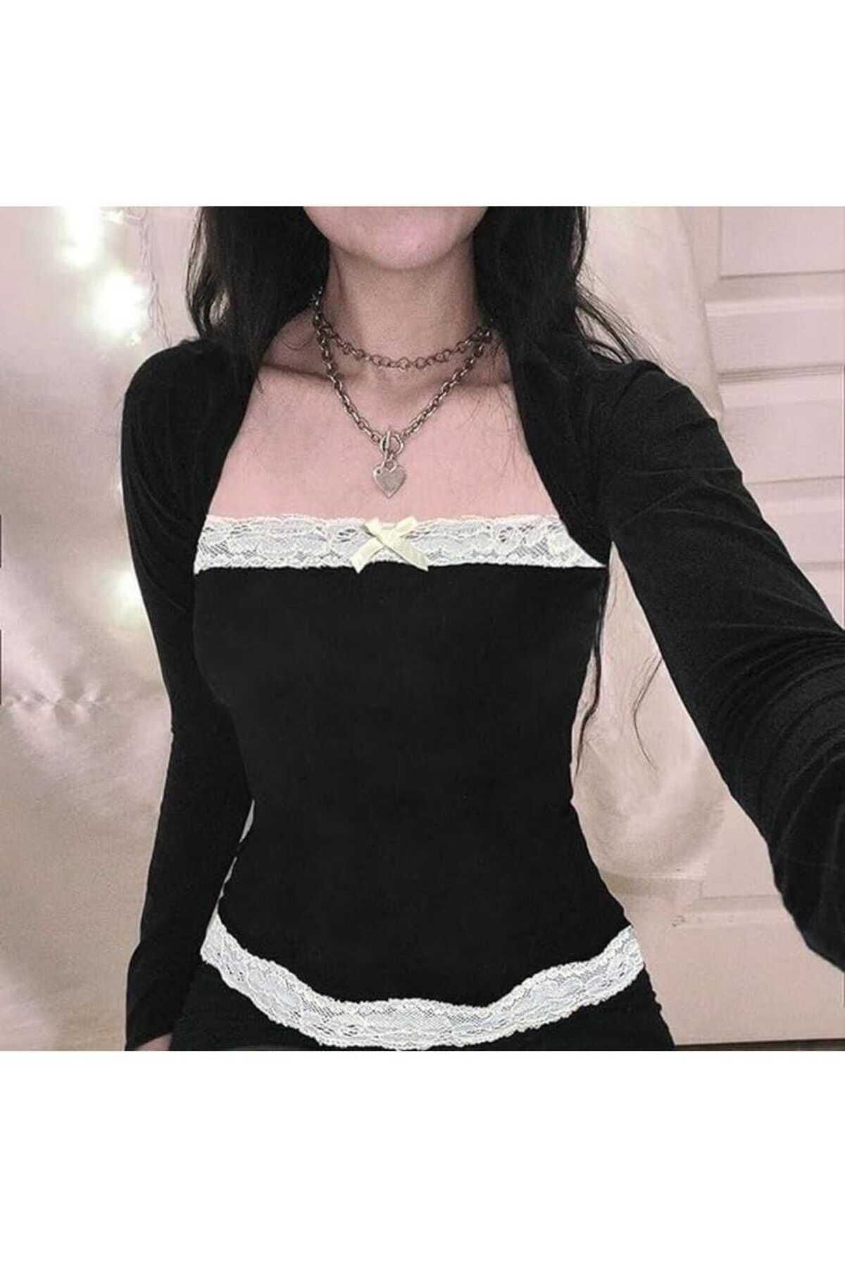 Kare Yaka Dantel Kurdele Detaylı Uzun Kollu Princess Bluz