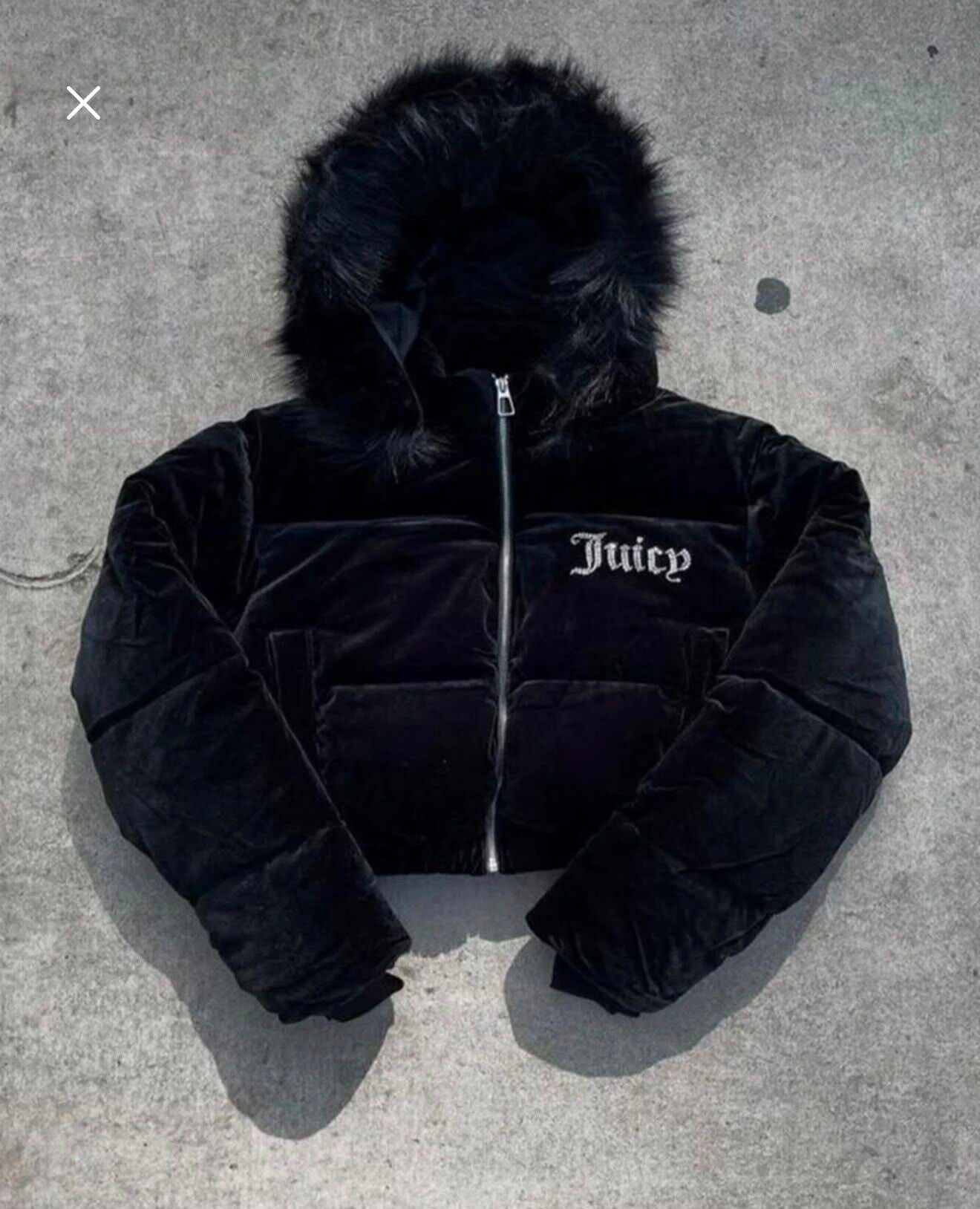 Juicy Couture kürk kapşonlu taşlı şişme kadife mont