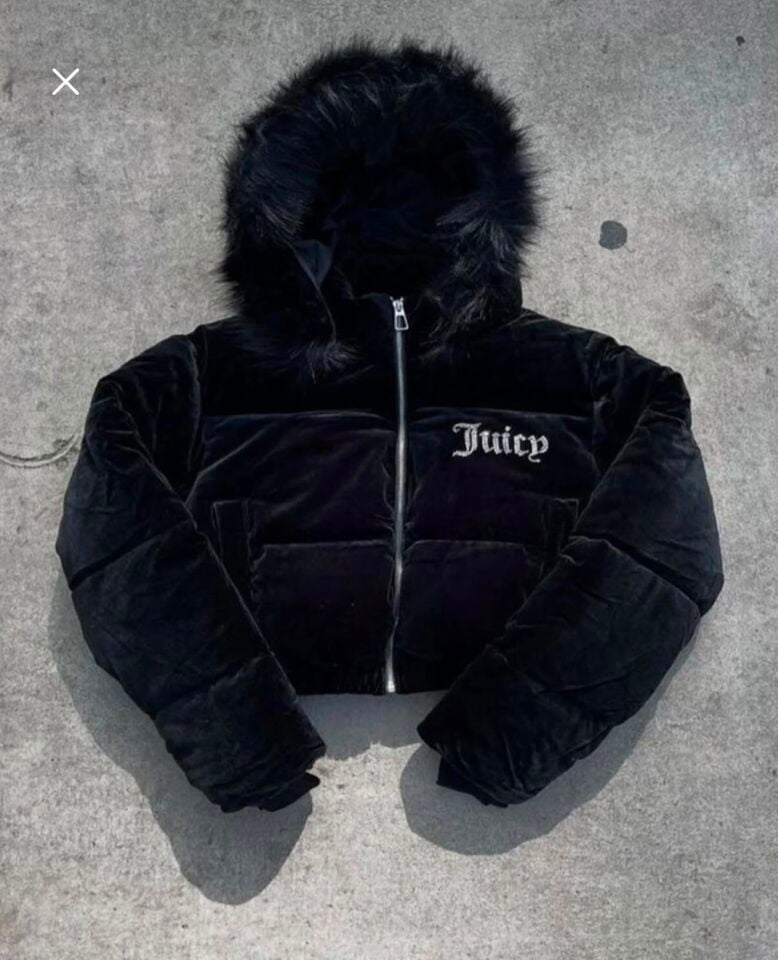 Juicy Couture kürk kapşonlu taşlı şişme kadife mont