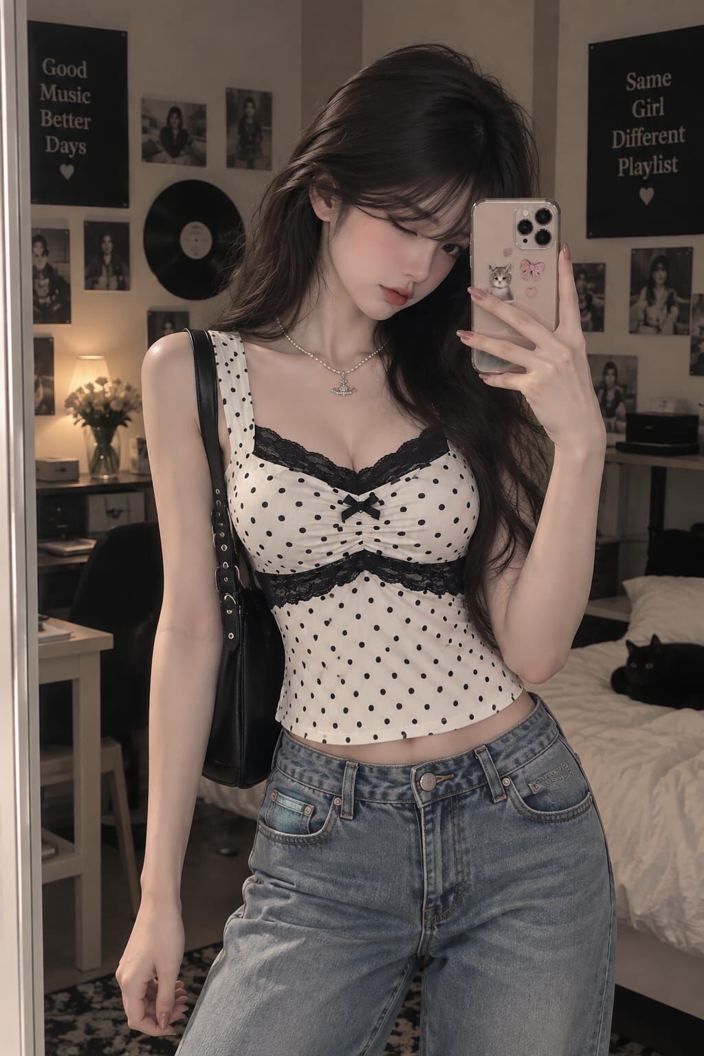 Coquette Lolita Kalın Askılı Puantiyeli Dantel Detaylı Tam Boy Bluz