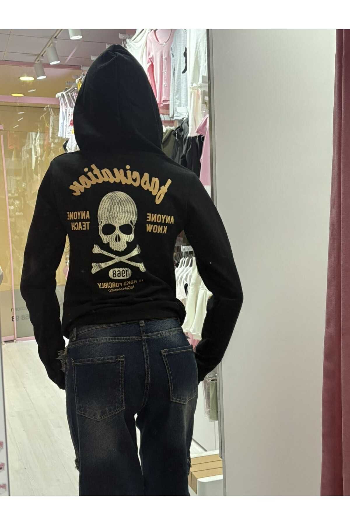 Siyah Kuru Kafalı Fascination Gotik Skull Harajuku Y2K Kapüşonlu Crop Hırka