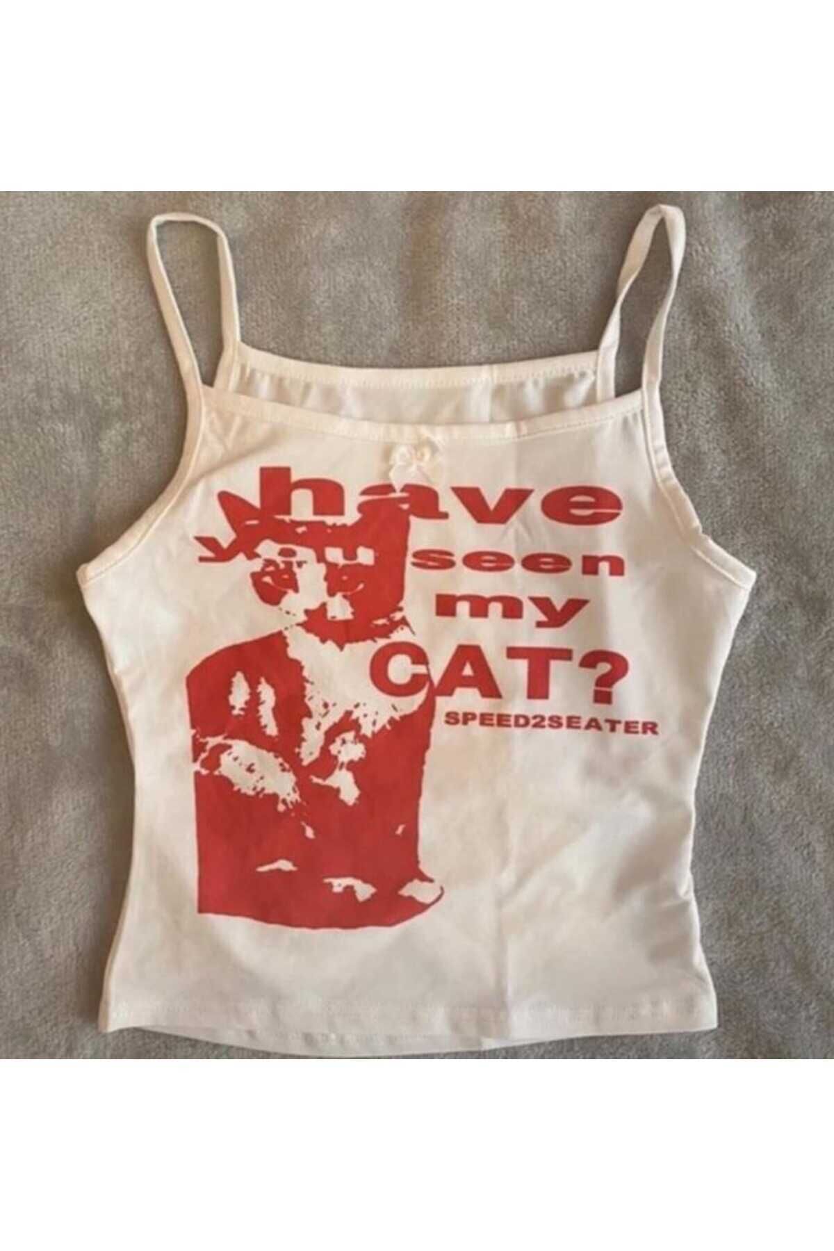 Vintage Y2K Have You Seen My Cat? Askılı Crop T-Shirt