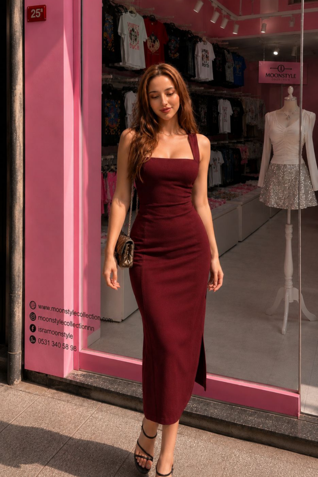 Halter Yaka Uzun Mezuniyet Elbisesi Gece Elbisesi Bordo