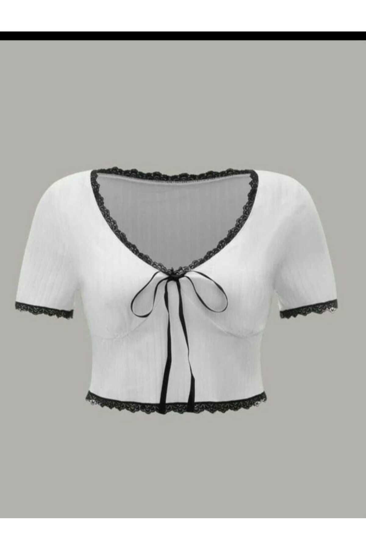 Coquette Lolita kurdele detaylı dantelli crop Beyaz - 2XL