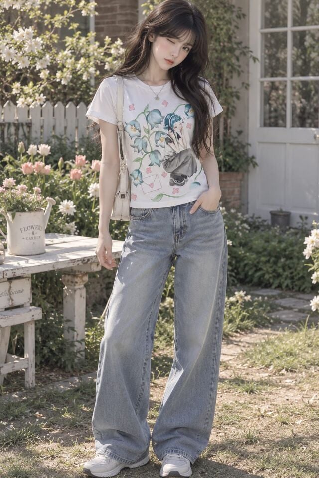 Beyaz Girl İn Flowers Gotik Y2K Kısa Kollu bluz