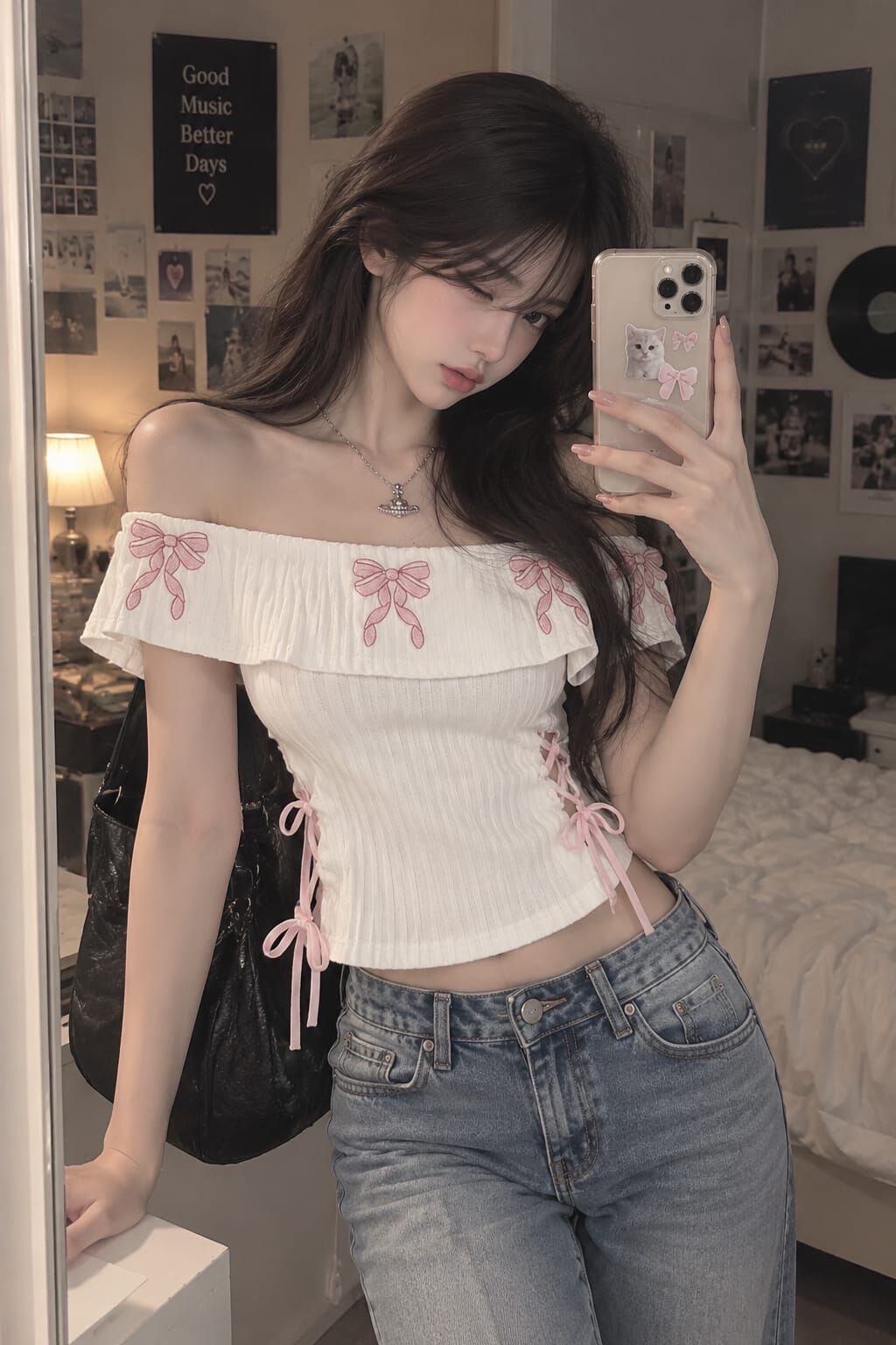 Beyaz Pembe Fiyonklu Harajuku Y2K Kısa Kollu bluz