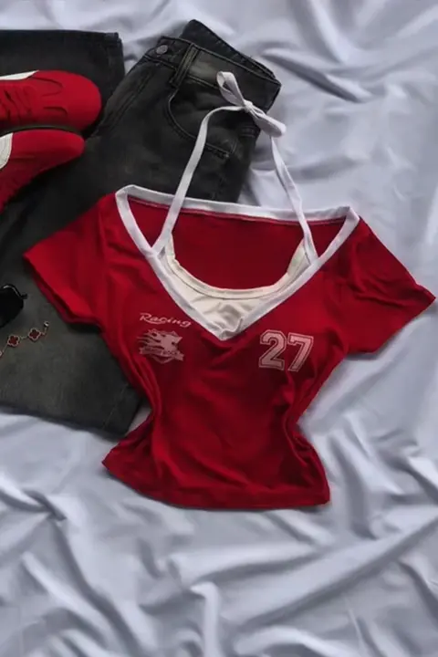 Kırmızı Racing 27 Number Ek Askılı Y2K Kısa Kollu Crop