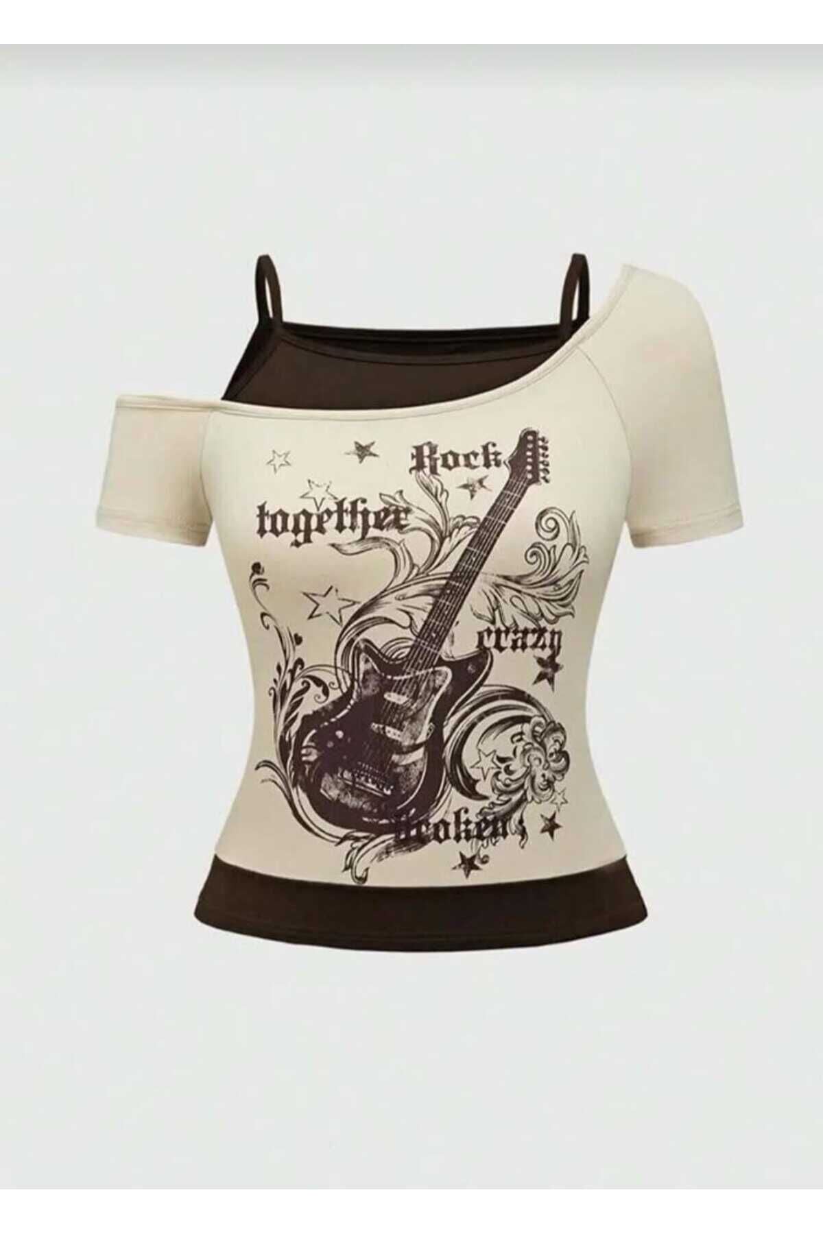 Bej-Brown Together Guitar Ek Askılı Y2k Kısa Kollu Full Body Crop