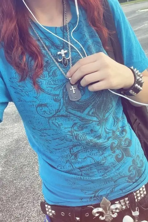 Mavi Fleur-De-Lis Gotik Y2K Kısa Kollu Bluz