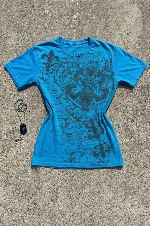 Mavi Fleur-De-Lis Gotik Y2K Kısa Kollu Bluz