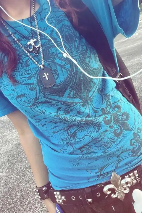 Mavi Fleur-De-Lis Gotik Y2K Kısa Kollu Bluz