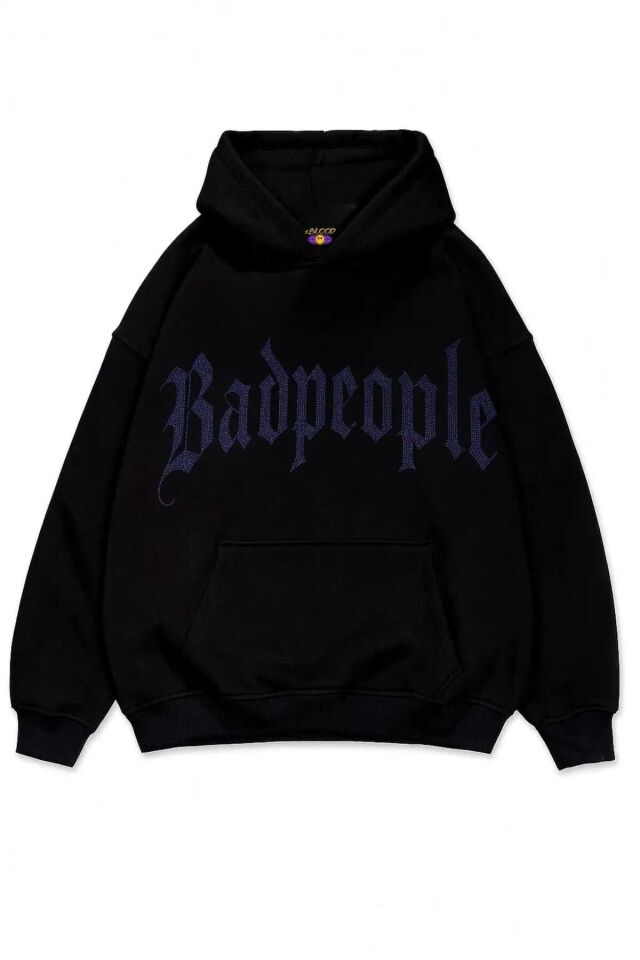 Bad people Taş Baskılı Unisex Oversize Kapüşonlu Sweatshirt Mavi - M