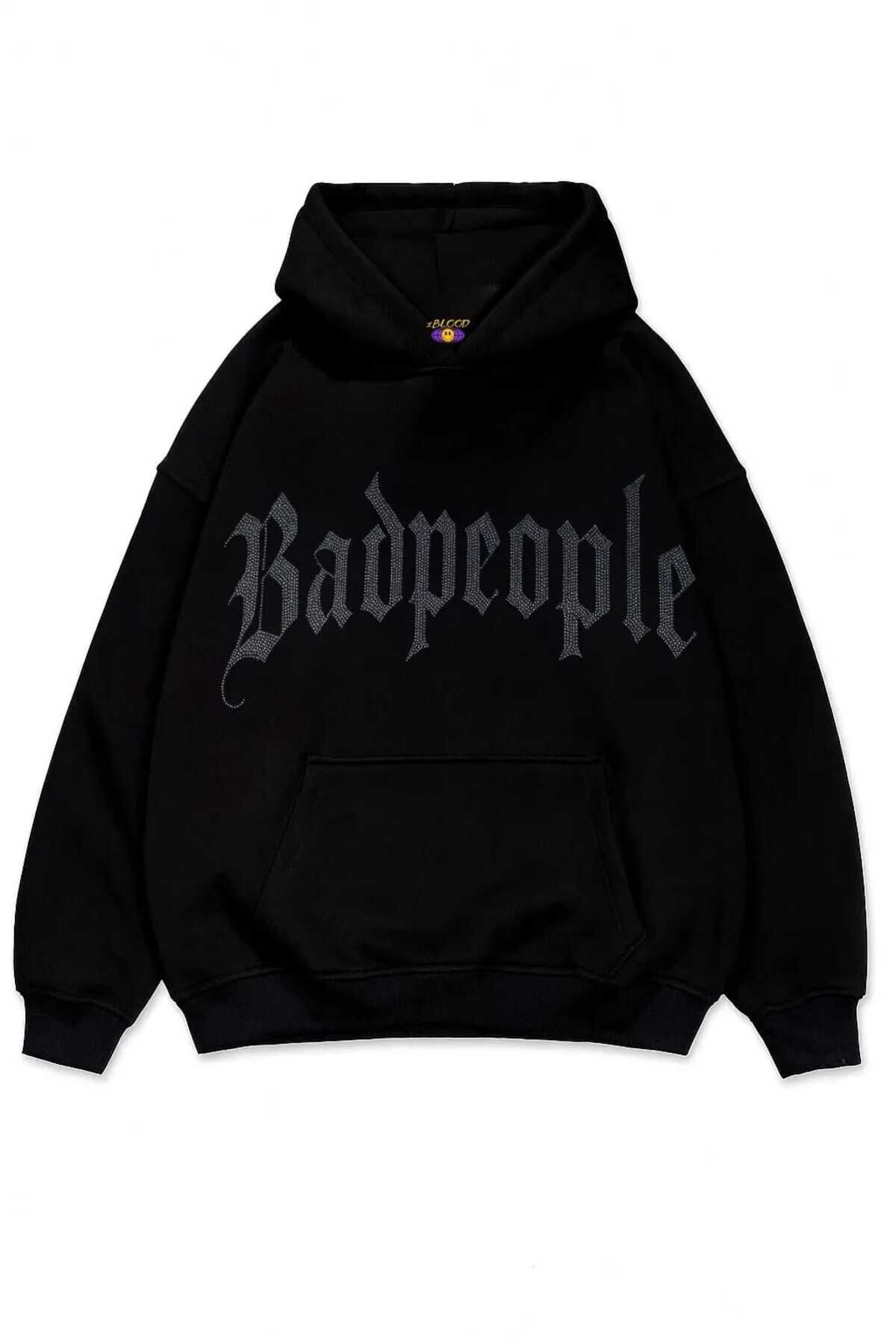 Bad people Taş Baskılı Unisex Oversize Kapüşonlu Sweatshirt Beyaz - M