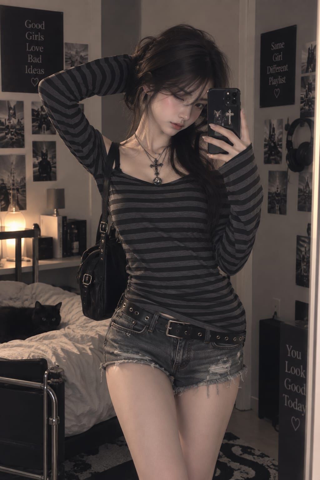 Füme Siyah çizgili Ek Askılı Harajuku Düşük Omuzlu Y2K Street Ta Boy Bluz