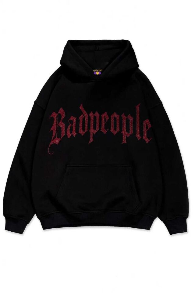 Bad people Taş Baskılı Unisex Oversize Kapüşonlu Sweatshirt Kırmızı - XL