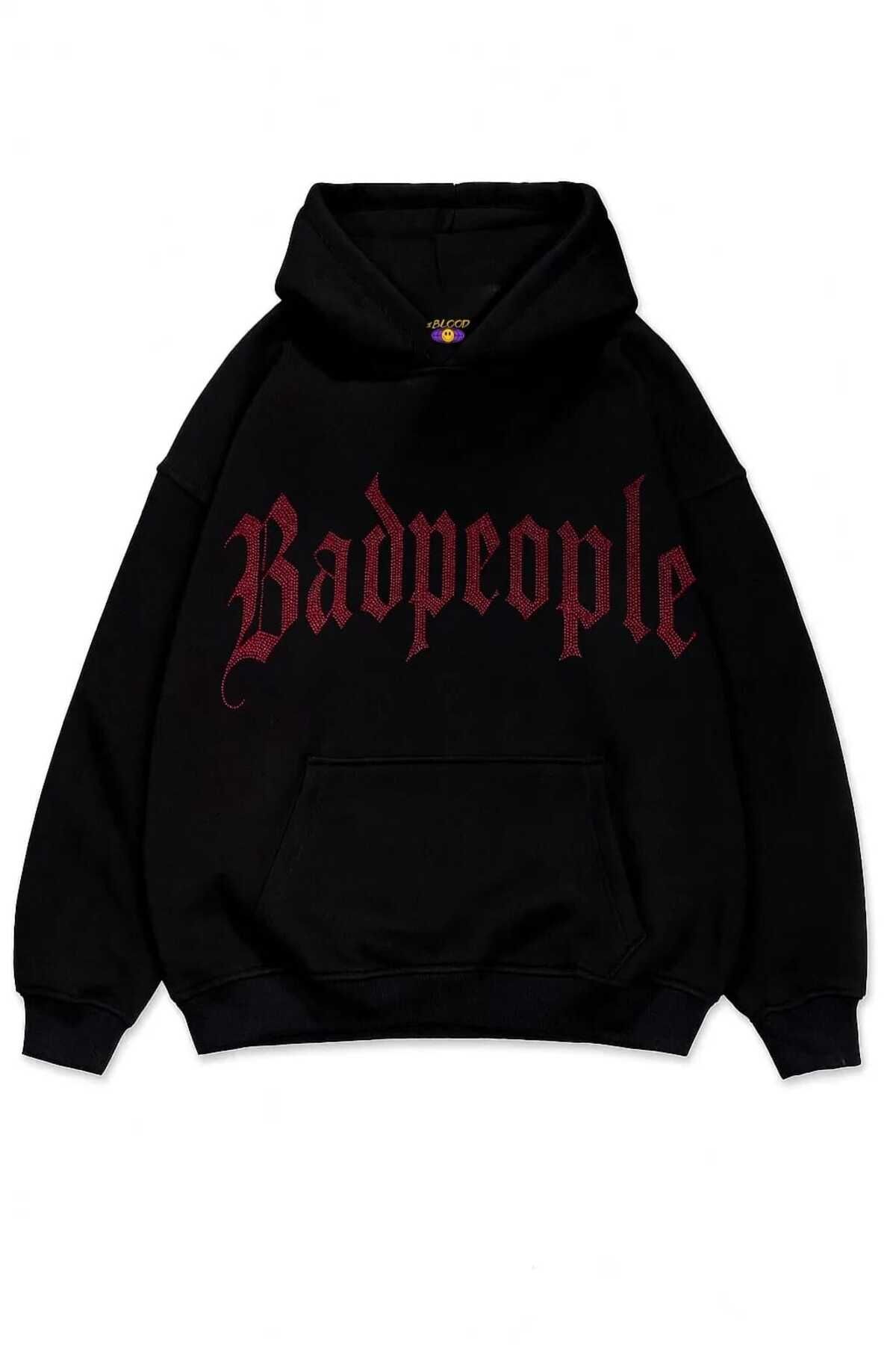 Bad people Taş Baskılı Unisex Oversize Kapüşonlu Sweatshirt Kırmızı - M