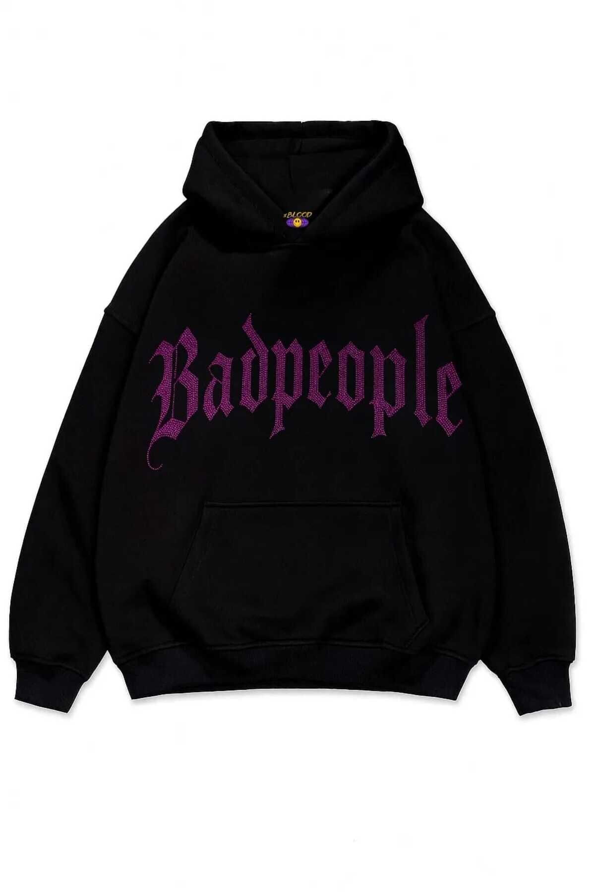 Bad people Taş Baskılı Unisex Oversize Kapüşonlu Sweatshirt Pembe - XL