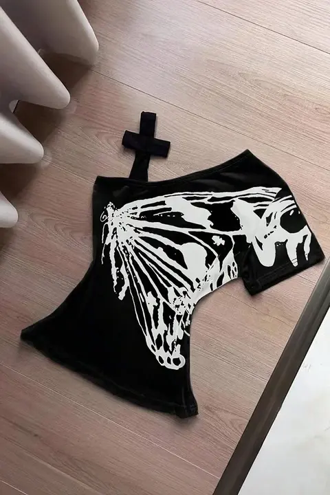 Siyah Kelebek Kanatlı Askılı Grunge Y2K Kısa Kollu Crop