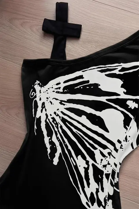 Siyah Kelebek Kanatlı Askılı Grunge Y2K Kısa Kollu Crop