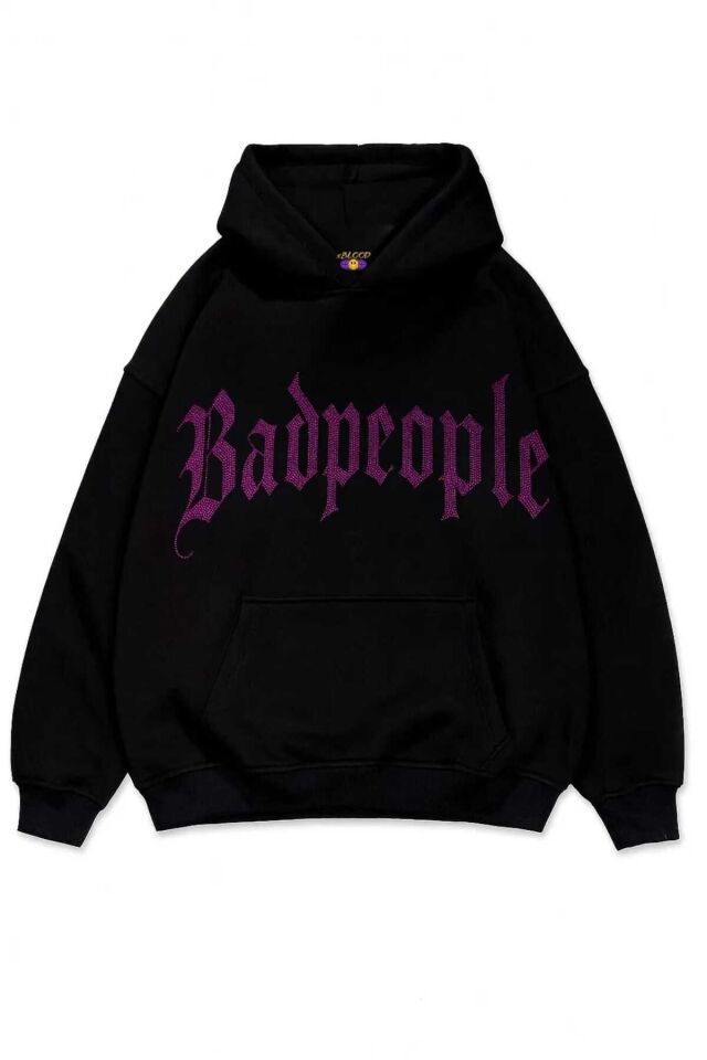 Bad people Taş Baskılı Unisex Oversize Kapüşonlu Sweatshirt Pembe - S
