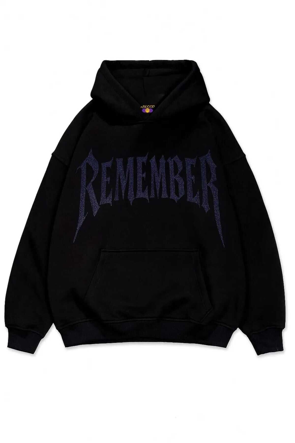 Remember Taş Baskılı Unisex Oversize Kapüşonlu Sweatshirt Mavi - S