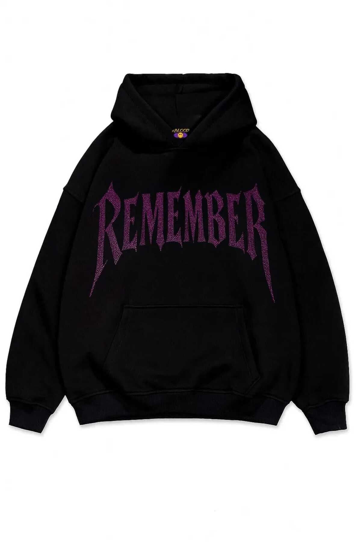 Remember Taş Baskılı Unisex Oversize Kapüşonlu Sweatshirt Pembe - L