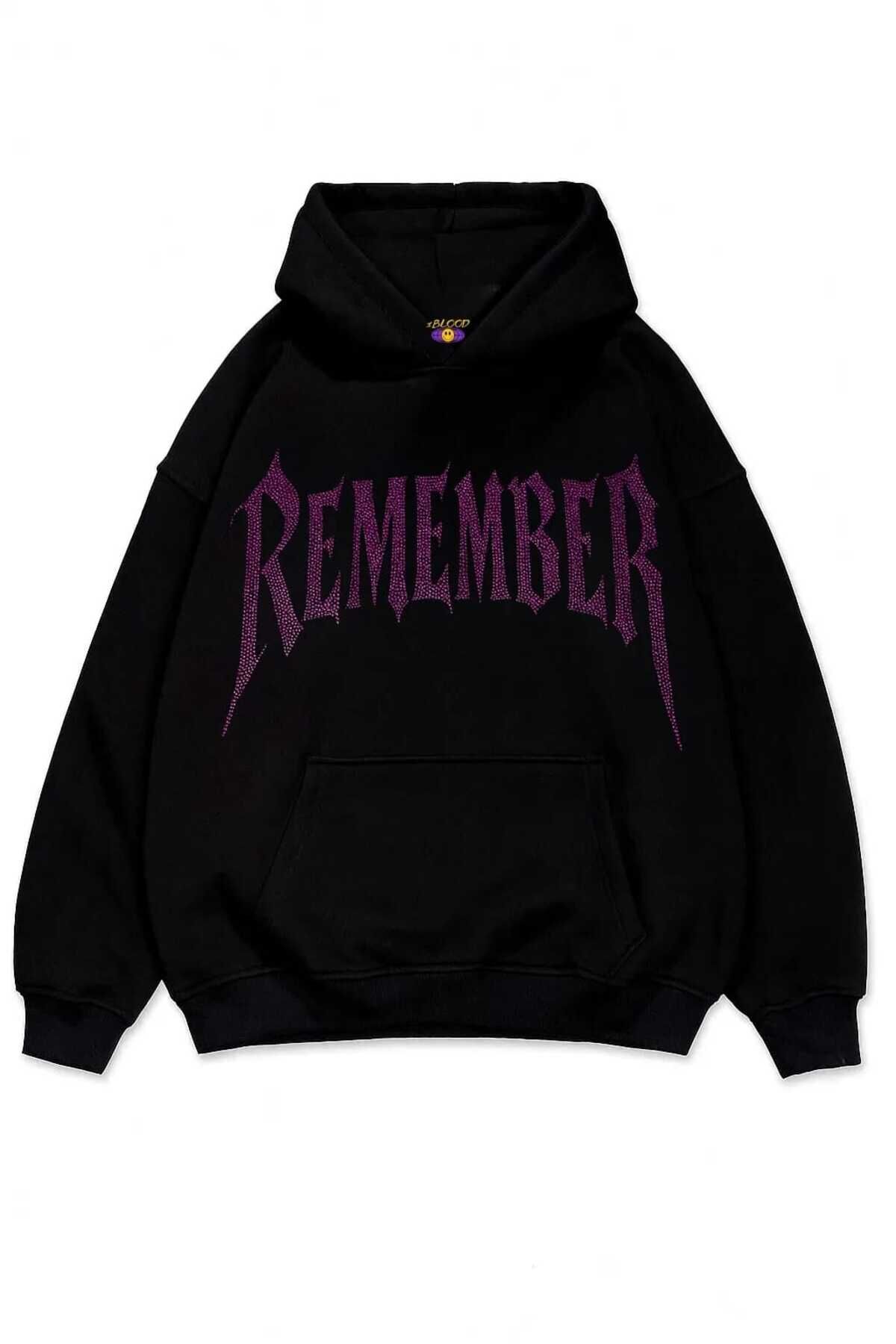 Remember Taş Baskılı Unisex Oversize Kapüşonlu Sweatshirt Pembe - S