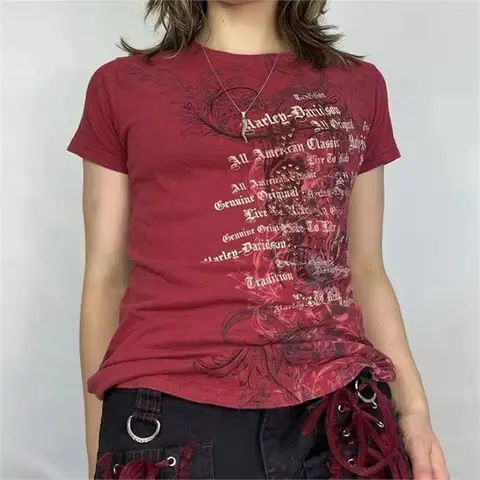 Kırmızı Skull Life Cyber Gotik Grunge Y2K Kısa Kollu Bluz