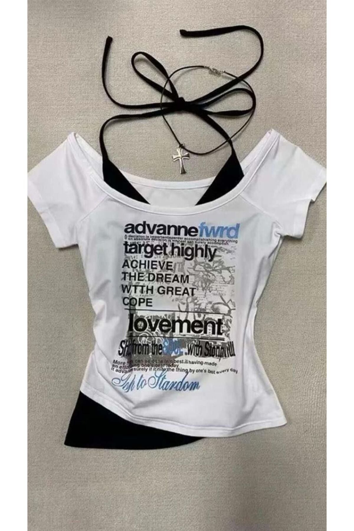 Angel Gotik Madonna Yaka Ek Gotik Y2K Ek Askılı Kısa Kollu Full Body Crop