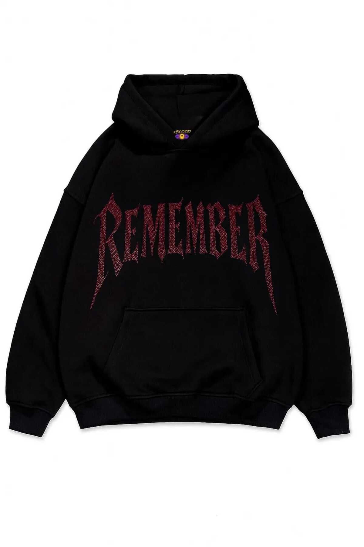 Remember Taş Baskılı Unisex Oversize Kapüşonlu Sweatshirt Kırmızı - L