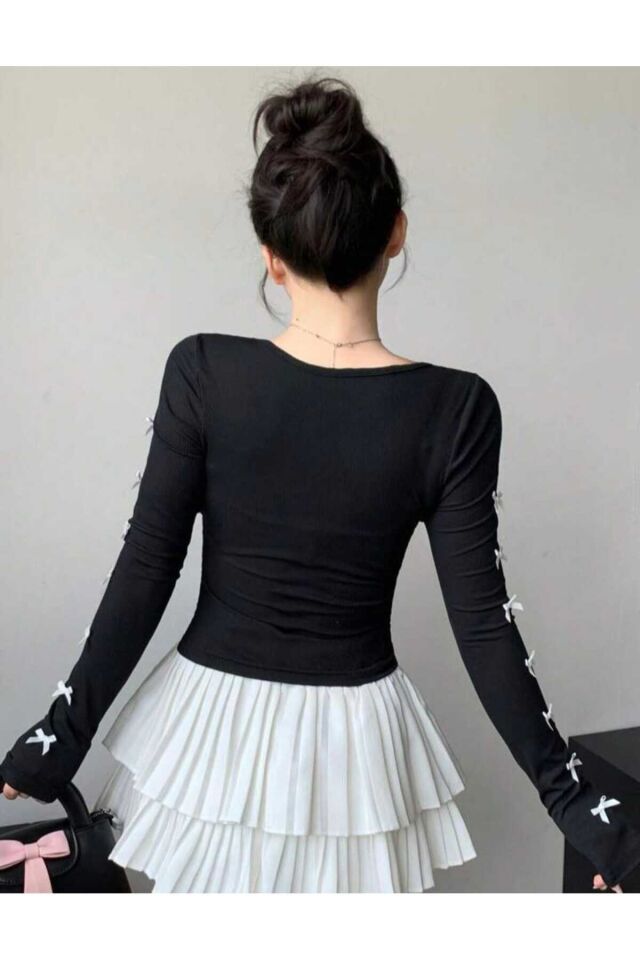 Coquette Lolita Siyah Kare Yaka Tam Boy Kurdele Detaylı Bluz