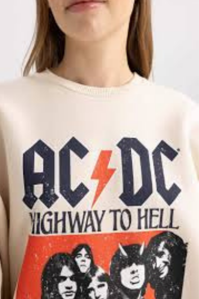 Coool AC/DC Oversize Geniş Kalıp Bisiklet Yaka Sırt Baskılı Kalın Sweatshirt