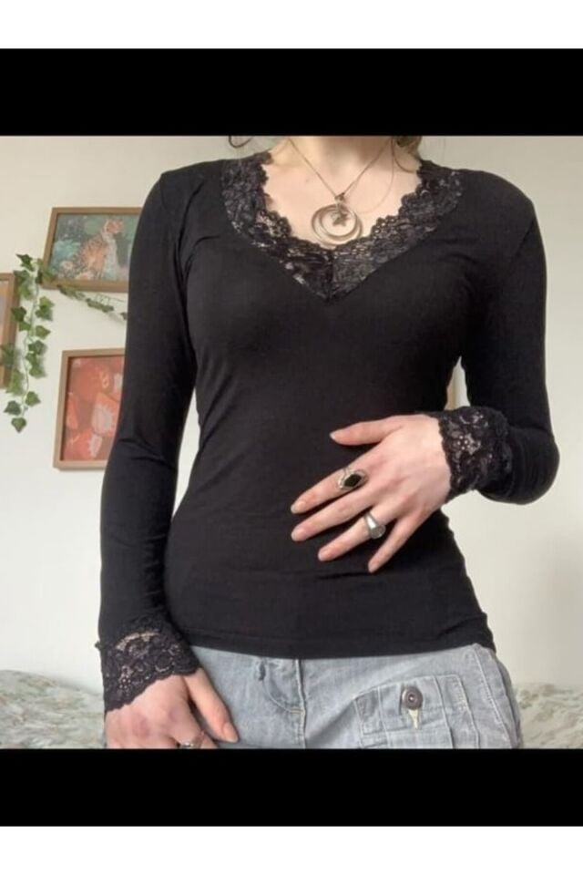 Coquette Lolita Siyah Dantel Detaylı Bluz